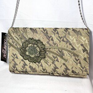 Champagne Italy 2669B-NWT-Clutch/Shoulder Purse-Green Embroidered/Diamond/Beads